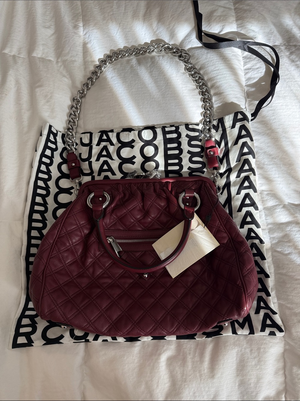 Marc Jacobs Quilted Shoulder Bag in Burgundy with Silver Chain